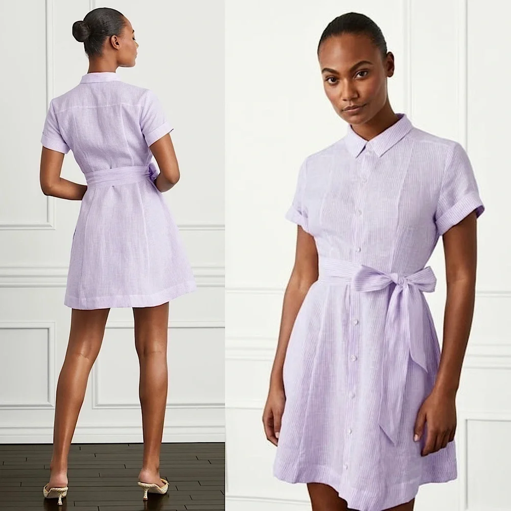 NWT HILL HOUSE Linen Lilac Stripe Short Sleeve Tie Waist Button Up Shirt Dress L - Picture 2 of 8
